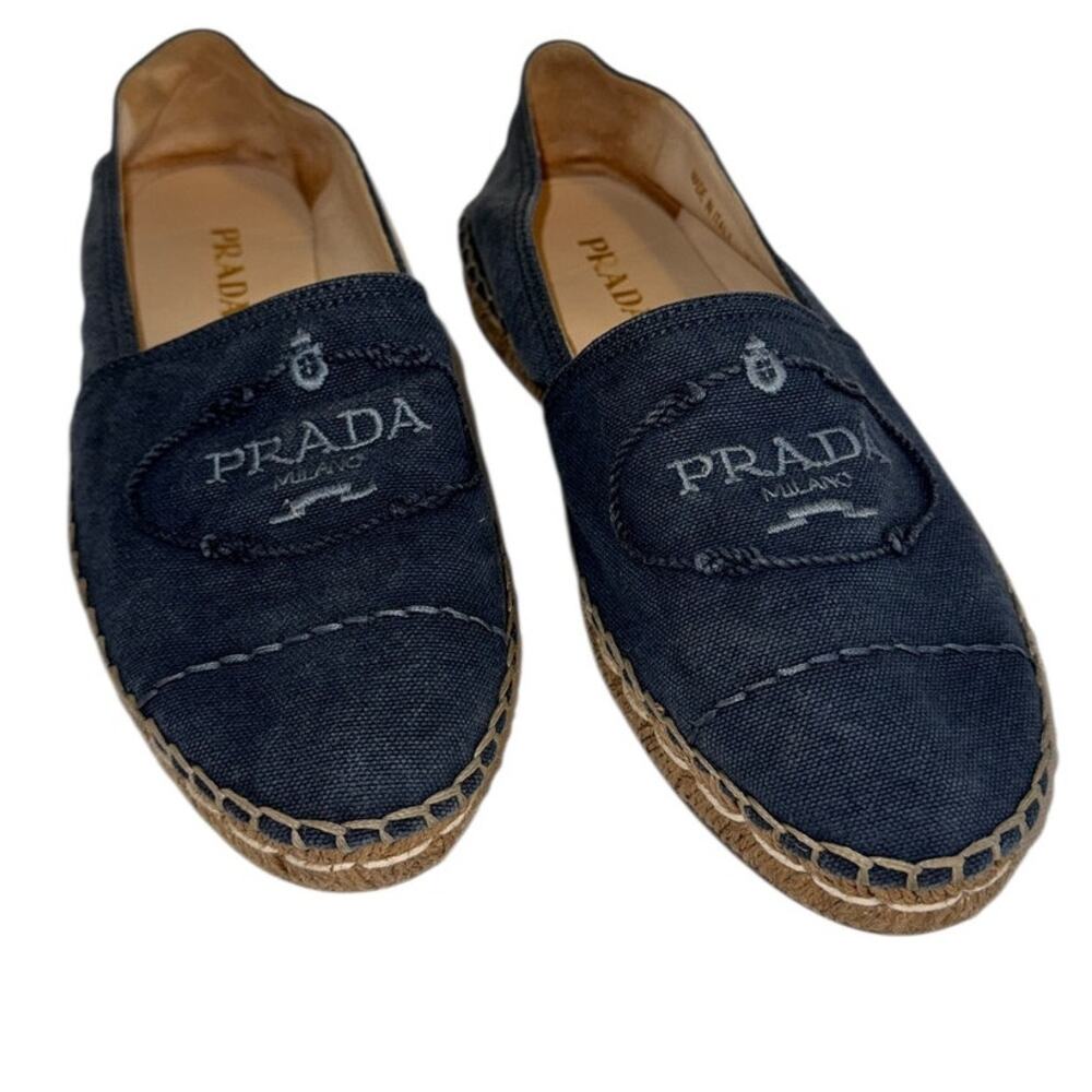 Prada Logo Blue Denim Espadrilles Size 37 Designer Slip On Flats Authentic